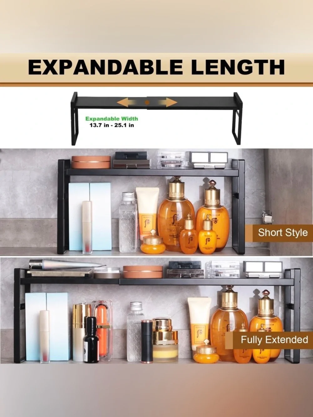 NIB-expandable narrow shelf with 2 heights for cabinet, over sink, counter etc